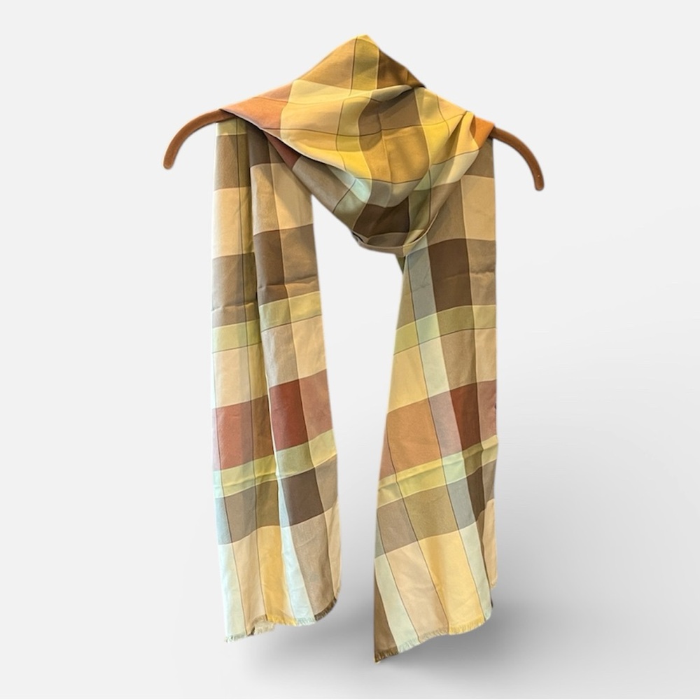 🧋Banana Republic 100% silk plaid scarf beige maroon sage green fringe hem